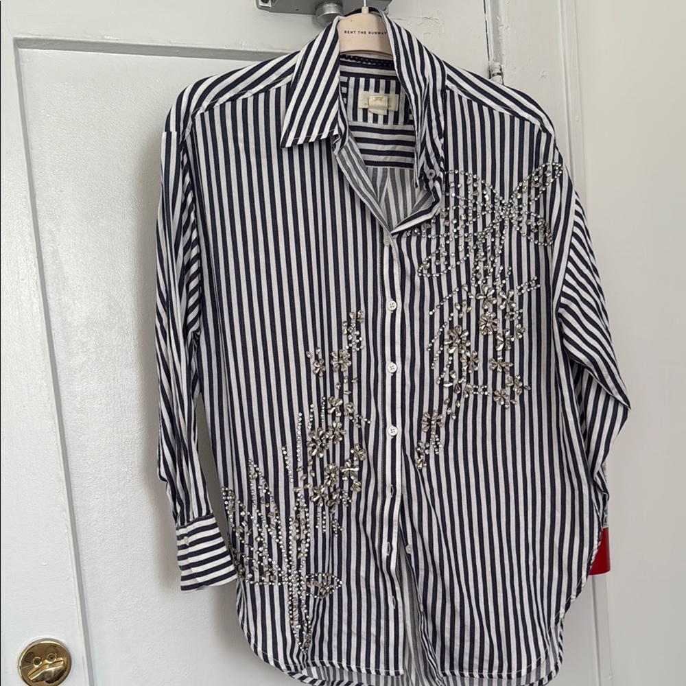 Anthropologie navy and white striped top with sequins